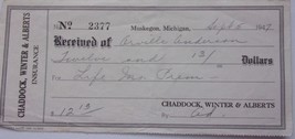 VintageChaddock Winter &amp; Alberts Insurance Muskegon MI Receipt 1947 - £1.59 GBP