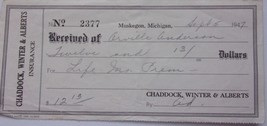 VintageChaddock Winter &amp; Alberts Insurance Muskegon MI Receipt 1947 - $2.72 CAD