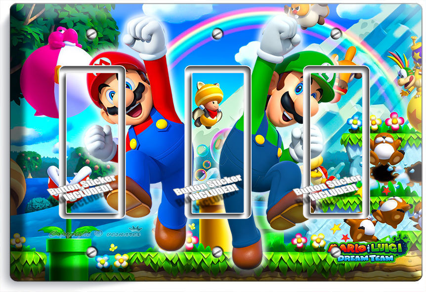 SUPER MARIO AND LUIGI BROS TRIPLE GFCI LIGHT SWITCH WALL PLATE COVER ROOM DECOR