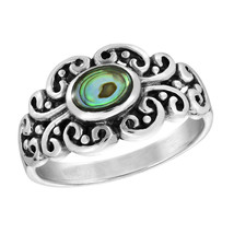 Alluring Filigree Swirls Abalone Shell Detailed Sterling Silver Band Ring-9 - £16.61 GBP