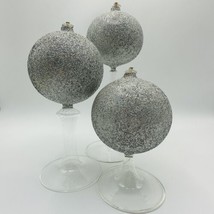 Set of 3 Tulip Stem Footed Iridescent Glitter Clear Glass Orb Oil Candle... - £35.14 GBP