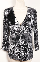 Cable &amp; Gauge Womens Cardigan Sweater M Medium Black White Floral Rhines... - £17.54 GBP