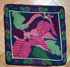 Vintage Wool Needlepoint Pillow Christmas Poinsettia Handmade Red Velvet... - $24.70