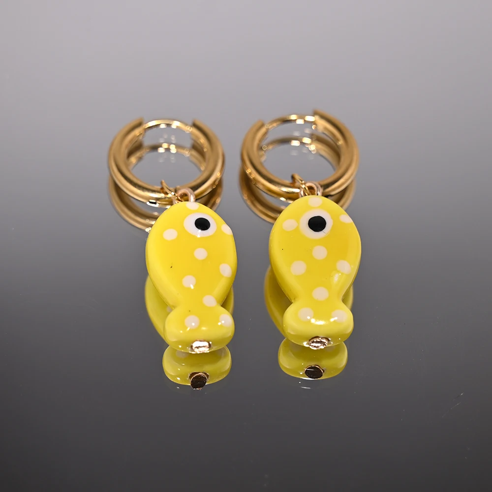 Ceramic Fish Pendant Golden Stainless Steel Hoop Earrings for Women 25xh... - $5.16