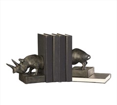 Rhinoceros Book Ends Rhino Set  5.7" High Antiqued Black Gold Finish Polyresin
