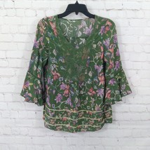 Vintage America Top Womens XS Green Floral Vlouse 3/4 Sleeve V Neck Boho Peasant - £8.85 GBP