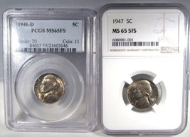 1941-D &amp; 1947 Jefferson Nickels PCGS &amp; NGC MS65 FS AN742 - £45.66 GBP