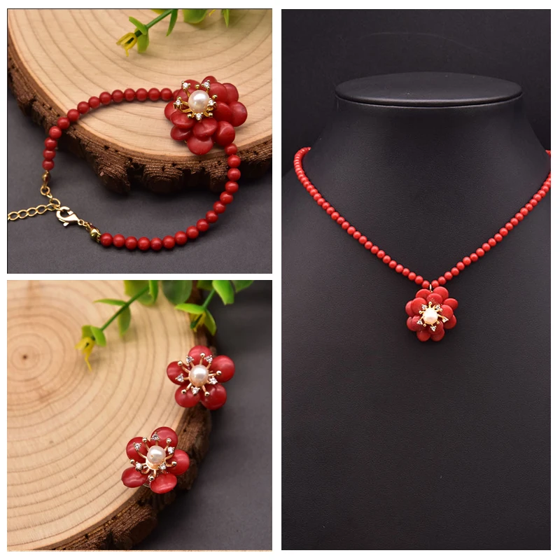 Red Coral Natural Pearls Fashion Accessories Set Fine Woman Ring Earrings Neckla - £46.99 GBP