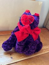 Purple Chenille Like Kitty Cat w Heart Shaped Nose &amp; Scarf Stuffed Animal – 8 in - £9.06 GBP