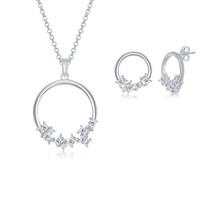 Sterling Silver Multi-Shaped CZ Open Circle Pendant &amp; Earrings Set W/Chain - £75.65 GBP