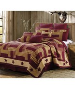 Burgundy Star Primitive Farmhouse Printed Quilt Set Country Lodge Boho - $77.59+