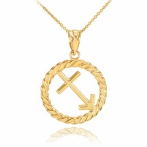 14K Solid Real Gold Sagittarius Zodiac Sign in Circle Rope Pendant Necklace  - £176.62 GBP+