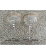 Set Of 2 Vintage Antique Etched Wine Glasses With Gold Gilt Rim - $37.40