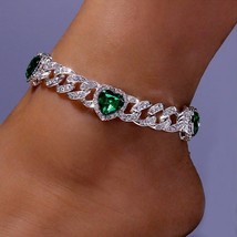 Hip Hop Mimai Green Heart Anklet Baguette Chain Cuban Link Rhinestone Barefoot L - £19.26 GBP