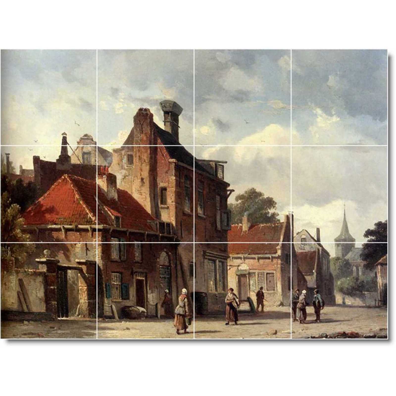 Eversen adrianus view of town with figures in a sunlit street