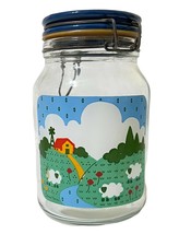 Anchor Hocking Nina Farm Scene 8&quot; Glass Canister 1982 Sheep Blue Lid Vin... - £22.05 GBP
