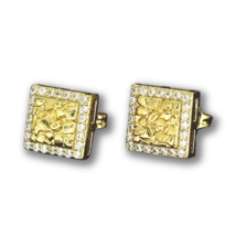 Cz Square Nugget Design Studs Push Back 14k Gold Plated Hip Hop Jewelry - £6.43 GBP