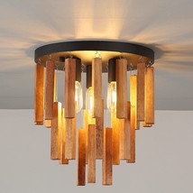 3-Light Semi Flush Mount Ceiling Light Fixture Rustic Wooden Chandelier Retro - £61.20 GBP