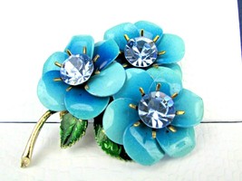 Vintage Enamel Floral Brooch Blue with Blue Rhinestones UNBRANDED - $24.75