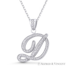 Initial Letter &quot;D&quot; Cursive Script CZ Crystal 925 Sterling Silver Rhodium Pendant - £21.22 GBP+