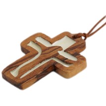 Hand Carved Olive Wood Cross w/ Crucifix White Necklace Pendant Holy Land 2&quot;/5cm - £9.36 GBP