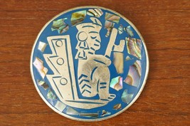 Vintage Costume Jewelry Alpaca Mexico Blue Abalone Inlay Aztec Icon Brooch Pin - £22.88 GBP