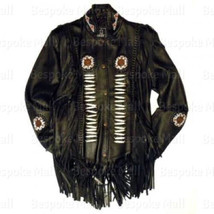 New Men&#39;s Western Style Handmade Black Cowboy Leather Jacket Bone Beads-573 - £172.59 GBP