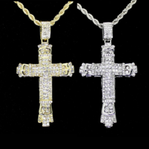 2 pc Set Mens Large Icy CZ Cross Pendant Gold Plated 24&quot; Rope Hip Hop Necklace - £11.10 GBP
