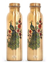 Industries Peacock Print Pure Copper Water Bottle 1Ltr Set of 2 - £30.80 GBP