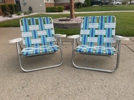 2x Vintage Folding Aluminum Teal Blue White Webbed Lawn Chair w/ Cup Holder Low - £36.53 GBP