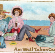 Risqué Antique Postcard Man With 3 Women on The Beach Am Well Taken Care Of - $12.96