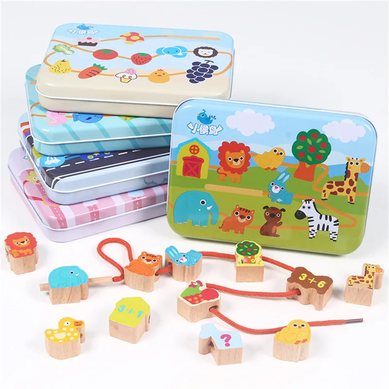 Montessori Wooden Stringing Threading Beads Toy Cartoon Animal Fruit Blocks - £12.01 GBP