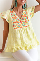 Women&#39;s Yellow Geometric Embroidery Textured Top with Ruffles - £30.29 GBP