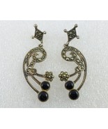 BLACK ONYX Cabochon and MARCASITE Dangle EARRINGS in Sterling Silver - 2" long - $45.00