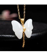 Genuine Fine White Tallow Jade Butterfly 18K Gold Inlay Pendant Necklace - £200.06 GBP