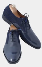 Handmade Customize Navy Blue Leather Tweed Lace Up Formal Shoes For Men&#39;s - £127.49 GBP