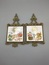 Vintage  Enesco Ceramic Tile Trivet Cast Iron Green With Sun Fruit And V... - $24.73