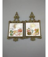 Vintage  Enesco Ceramic Tile Trivet Cast Iron Green With Sun Fruit And V... - $34.65 CAD