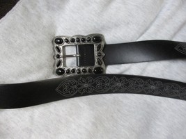 &quot;Black Leather, Embroidered Design, Large Silver Tone Buckle With Stones&quot;&quot; =Belt - $12.89