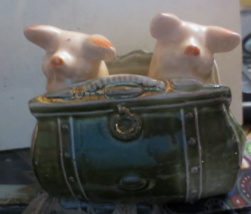 Vintage GERMAN PIG FAIRING PIGS In Purse Gold Trim Porcelain Anthropomor... - $27.76