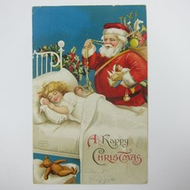 Vintage Christmas Postcard Santa Toys Girl Sleep in Bed Embossed Antique 1908 - £16.03 GBP