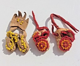 2 Pair Vintage Miniature Beaded Moccasins Leather Shoes Handmade yellow and red - £8.06 GBP