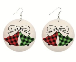 Merry Christmas Round &quot; Bow &amp; Bells&quot; Wooden Drop Printed Earrings. ~ New ~ - £9.53 GBP