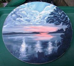 ~~ Beautiful Sunset On Lake Scene 14&quot; Wooden Hand Painted Wall Art/Decor ~~ - £7.86 GBP