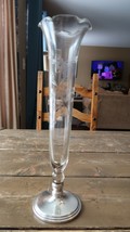 Vintage 10.75&quot; Sterling Silver Etched Glass Flower Vase - £54.49 GBP