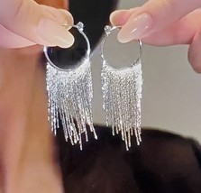 SILVER Sparkling Tassel Elegant Design Dangle Earrings 18K White Gold Plated - £10.28 GBP