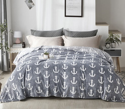 Grey Anchor - Throw Super Soft Flannel Fleece Blanket Lightweight Bed Warm - £16.11 GBP