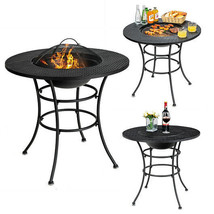 31.5 Inch Patio Fire Pit Dining Table With Cooking BBQ Grate - Color: Black - £156.01 GBP