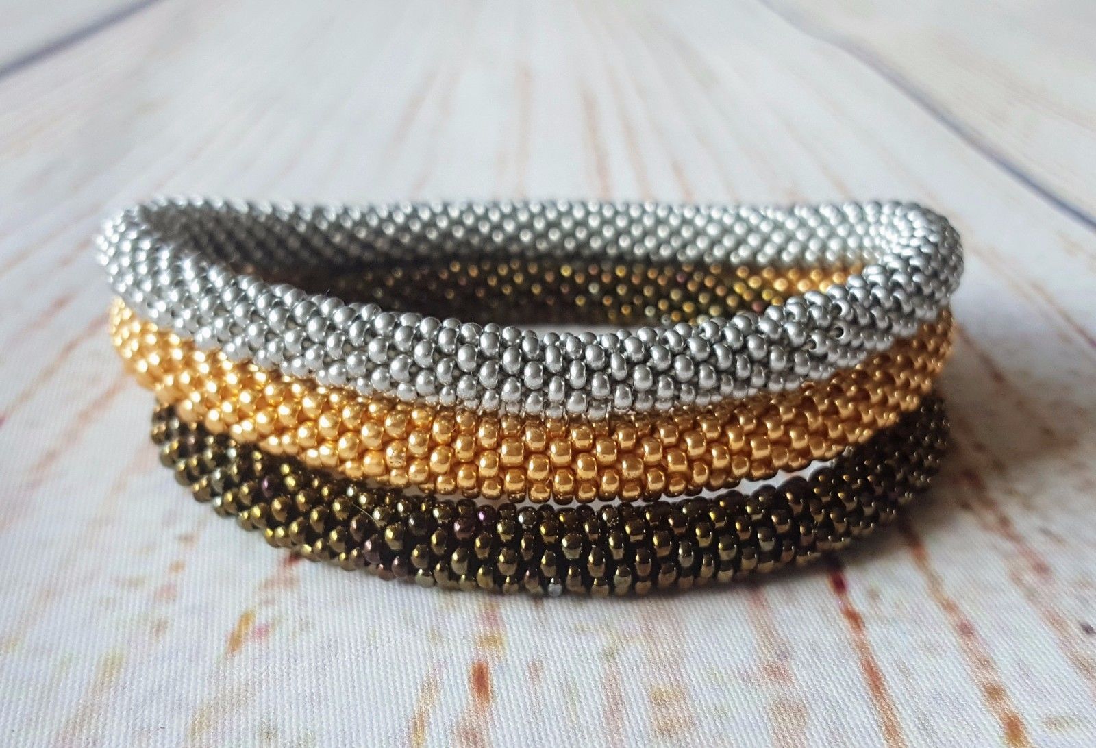 Nepal beaded rope bracelet set roll on bangle bronze gold silver handmade gifts - $18.00
