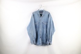 Vintage 90s Gap Mens Large Distressed Double Pocket Denim Jean Button Shirt Blue - $59.35